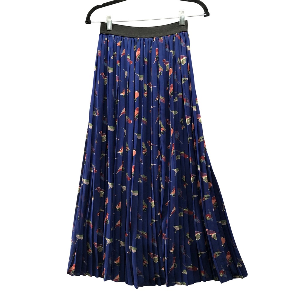 Pinkyotto NYC Pleated Maxi Skirt Royal Blue Bird Print Quirky Indie XS Accordion
